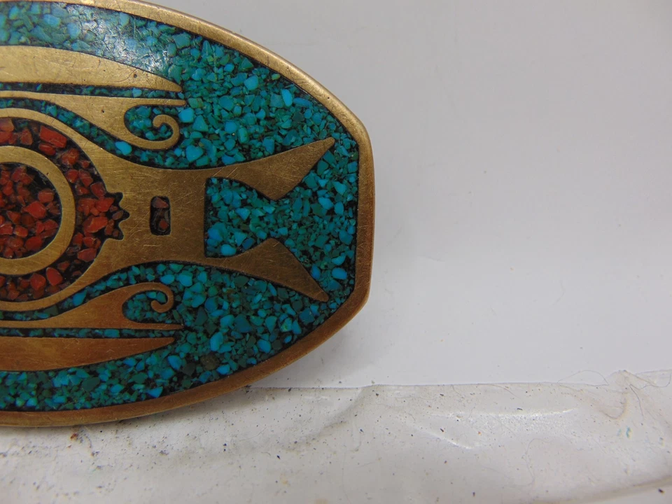 Hebilla de cinturón de latón macizo BTS estilo rojo y turquesa con incrustación de piedra vintage HECHA EN EE. UU. Foto 4 de 4