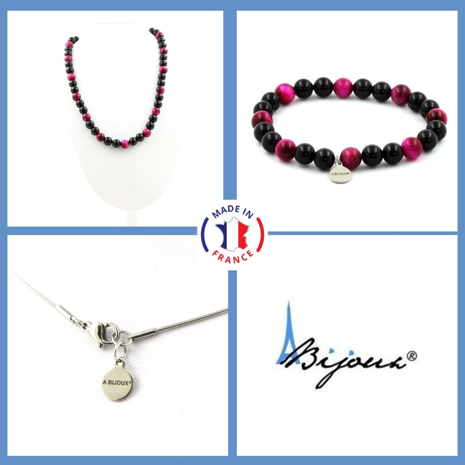 Bijoux anti stress Agate noire soulagement anxiété parure collier bracelet Oeil de tigre