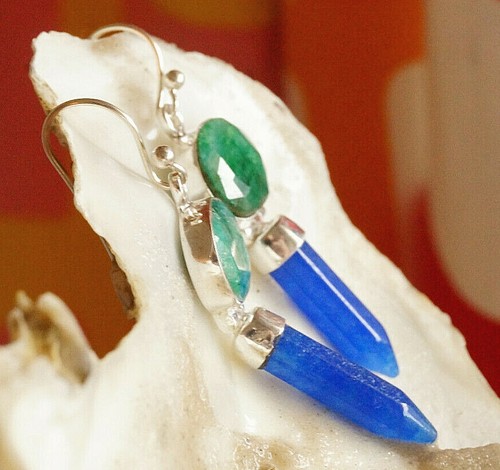 Silber Ohrhänger 5 cm Lang Saphir Stein Blau Smaragd Einender Modern Schlicht - Bild 6 von 7