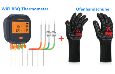 Inkbird 2,4G WIFI Digital BBQ Thermometer APP CF + Ofenhandschuhe Hitzebeständig