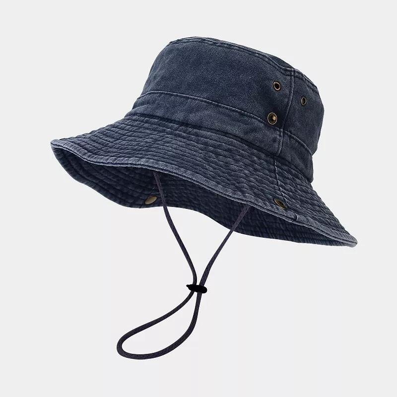 Men Bucket Hat with String Wide Brim Casual Fishing Hiking Sun Protection  Cap