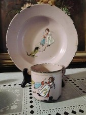 Antique Elite Czechoslovakia Decorated Pink Enamel Kid Cup And Bowl
