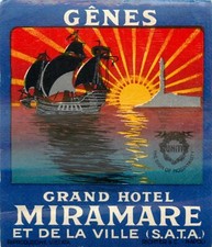 Grand Hotel Miramare ~GENES / GENOA - ITALY~ Amazing ART DECO Luggage Label 1940