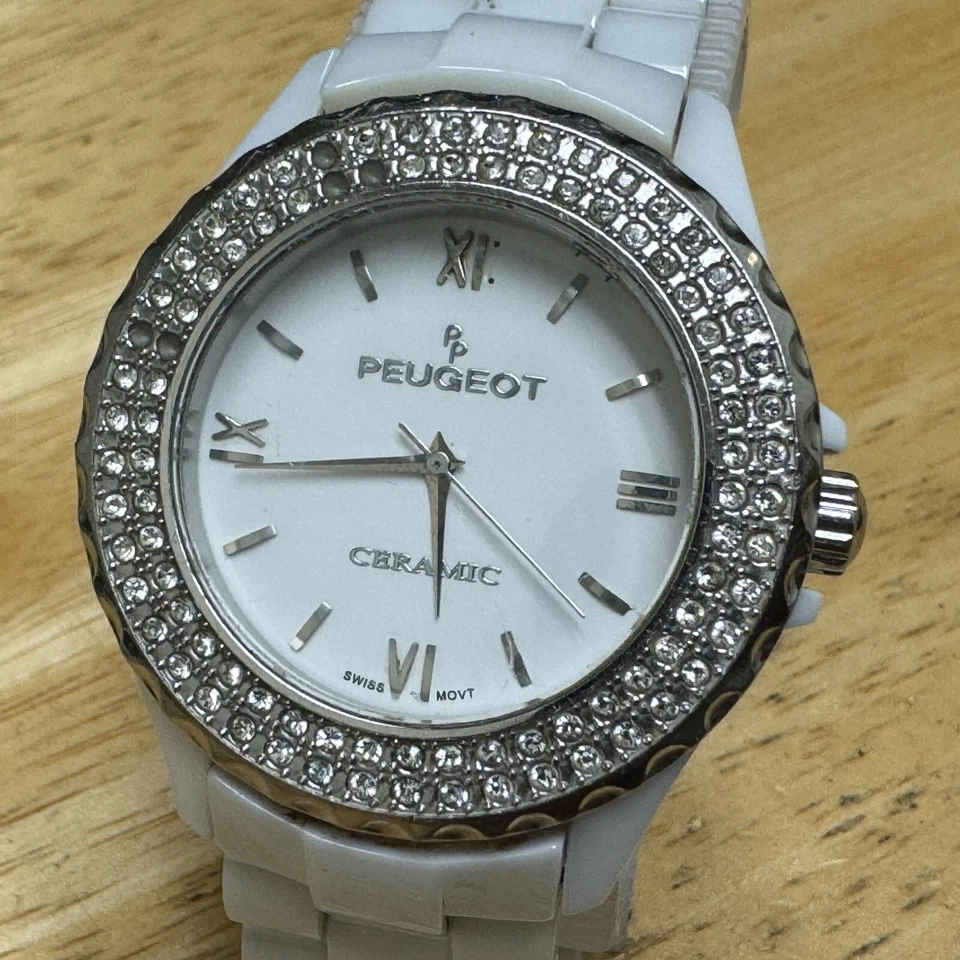 Peugeot Reloj Suizo Cuarzo Dama Blanco Cerámica Imitación Diamante Analógico Batería Nueva 6" Foto 2 de 4