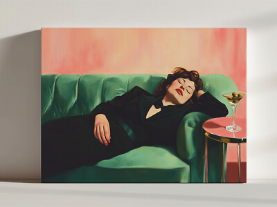 Frau schläft auf der Couch mit Martini Leinwandbild, trendiges Retro Wandbild