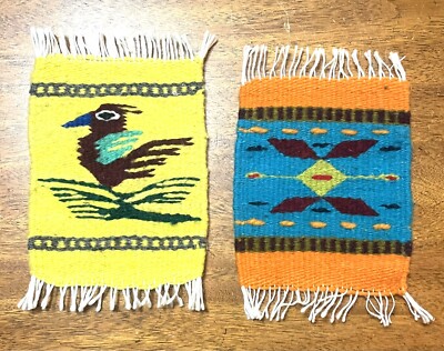 Wool Rug Coaster Set Of 2 Woven Bird Aztec Southwestern South America 5x7 