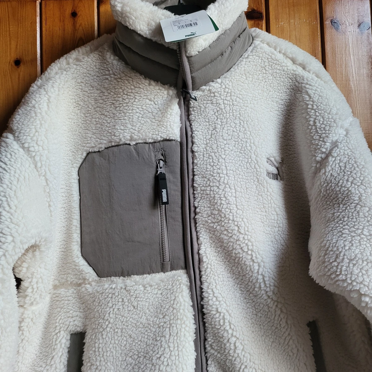 Puma Outer Pocket Sherpa Fleece Full Zip Jacket Size Medium Colour Ivory Glow