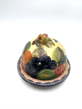 VINTAGE  ITALY HAND PAINTED FRUIT DOME LIDDED TRIINKET BOX CANDLE HOLDER SIGNED