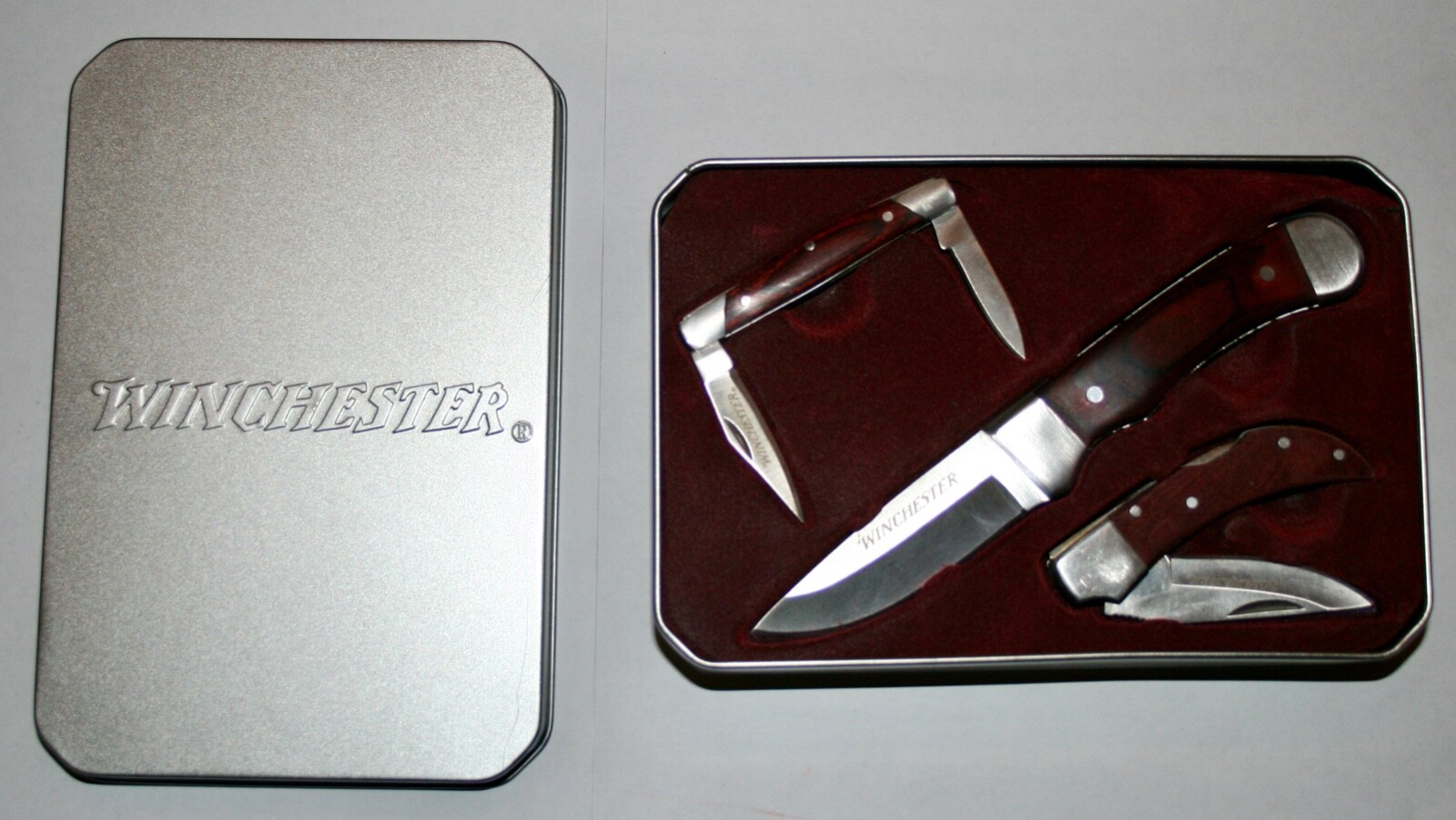 Vintage Winchester 3 Knife Set With Silver Tin eBay
