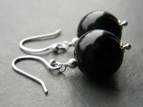 Large 14mm Black Onyx Gemstones & Silver Drop Elegant Handmade Earrings - Picture 9 of 13