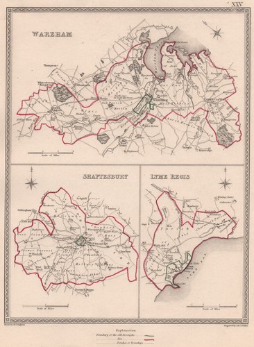 DORSET CITIES. Wareham Shaftesbury Lyme Regis Pläne. CREIGHTON/WALKER 1835 Karte - Bild 1 von 2