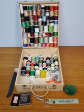 100 Sewing Thread Spools Assorted Wood/Plastic  Wood Box  Accessories Pins...