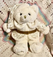 White 2000 Christmas Teddy Bear Plush Gold Embroidery Accents 18"