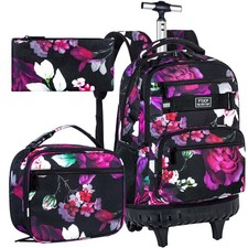 3Pcs Rolling Backpack for Girls, 19 Inche Rose Roller Bag with Wheels, Adults...