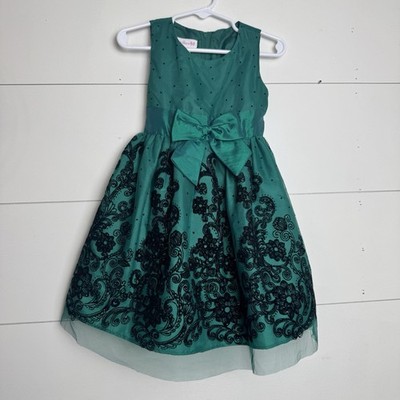 Girls Bonnie Jean Black & Green Formal Flare Dress Lace & Bow Size 3 3T