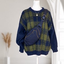 Vintage Stobi Knit-Fleece Pure Wool Plaid Sweater Size S Made in Denmark