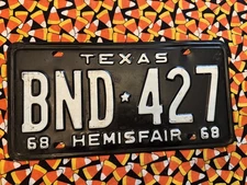 1968 TEXAS PASSENGER        LICENSE PLATE One Single Plate BND427