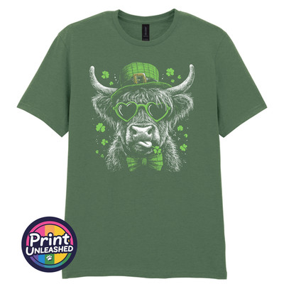 Fun Highland Cow Printed T-Shirt Lucky Irish Clover Cow Tee Erwachsene Unisex S-2XL