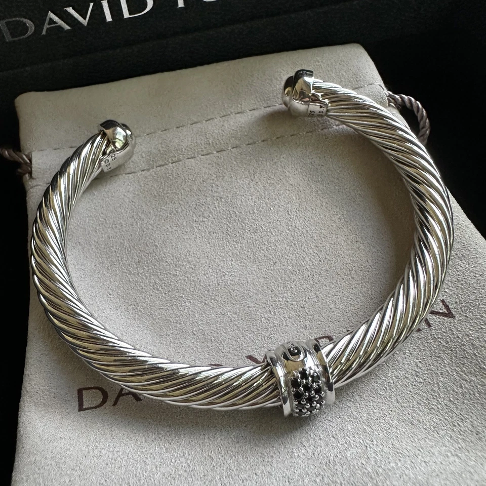 David Yurman Sterling Silver 7mm Pave Black Diamond Cable Cuff Bracelet SZ:M - Image 2 of 4