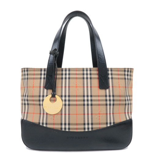 BURBERRY Nova Plaid Canvas Leather Handbag Beige Black Authentic