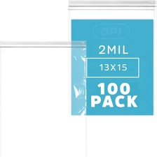 Pack of 100, 2 Gallon, 13" X 15" Clear Plastic Reclosable Zip Bags - Bulk 2 Mil,