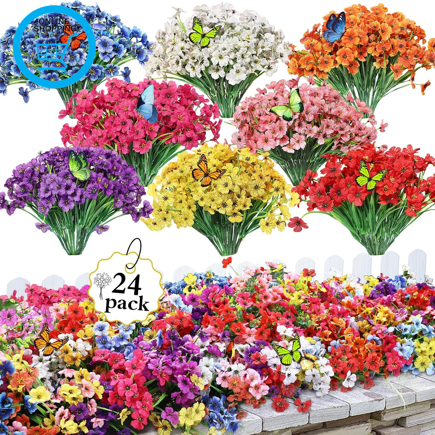 24 Bundles Artificial Flowers for Outdoor,Uv Resistant No Fade Fake Plastic Faux