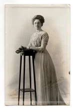 Edwardian Studio Portrait Woman Standing Real Photo Postcard RPPC Unposted