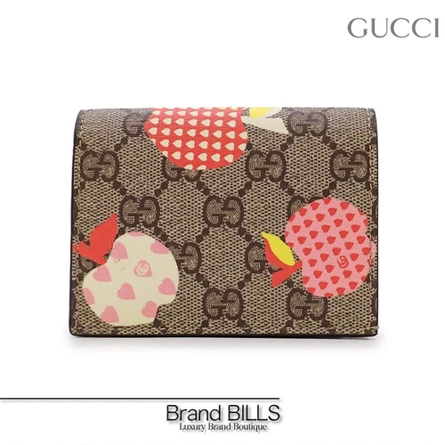 Gucci Les Pom Compact Wallet 663922 Gg Supreme Apple Heart Collection Beige Mult