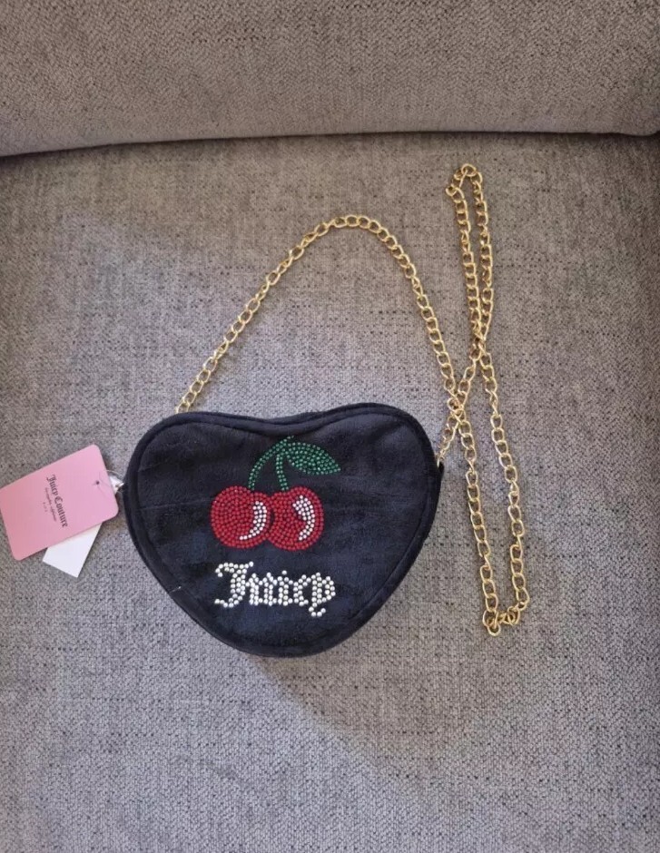 Juicy Couture Black Velvet Heart Crossbody Bag with Cherry Studs