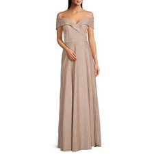 NWT XSCAPE Plus Size Off-the-Shoulder Glitter Gown Gold Sz 14W $329