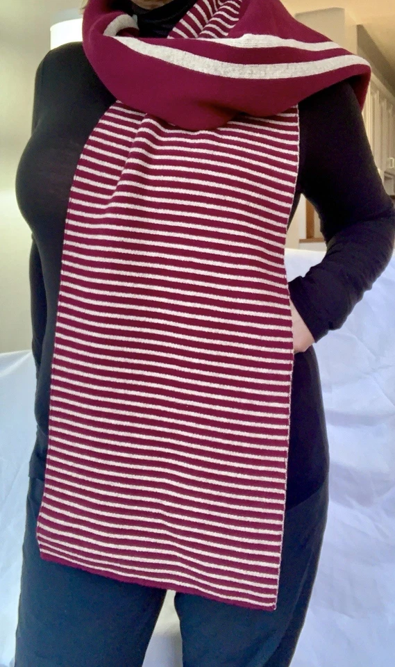 Cachecol Tory Burch T listrado monograma lã merino estilo aveia borgonha 34128 novo com etiquetas - Imagem 2 de 4