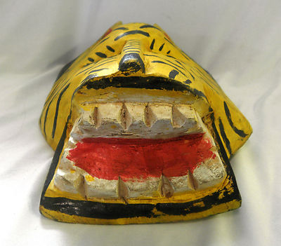 Masque Mural Tigre En Bois - Art Populaire Primitif, Fait Main, Ancien