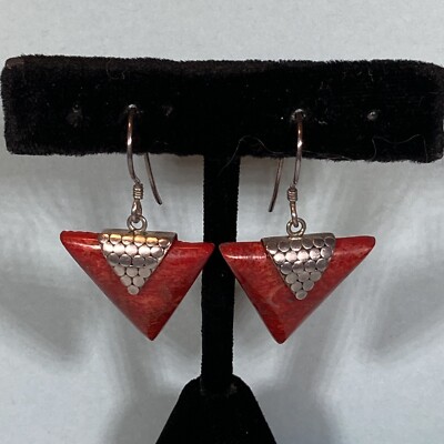Sterling Silver & Orange/Rust Triangle Shaped Drop Pierced Earrings