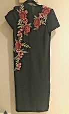 Zara Black Midi Embroidered Roses Dress  S