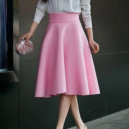 Skirt High Waisted Skirts Womens White Knee Length Bottoms Pleated Skirt - Picture 9 of 30