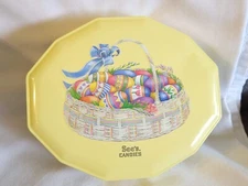 See's Candy Yellow Easter Egg Basket Tin 2003 8 1/4 x 7 x 1 3/4
