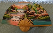 Vintage Chinese Wall Fan Large Hand Painted Bamboo Wall D cor 40x24