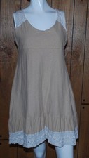 Boho Dress Art Natural Tan White Crochet Lace Trim Sleeveless Ruffle Medium M