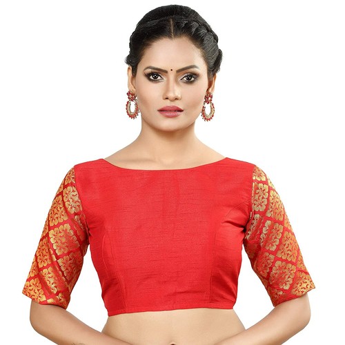 New Designer Women's Raw Silk Elbow Length Sleeve Ready-made Blouse - Picture 2 of 7