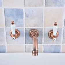 Red Copper Wall-mounted Bathroom Basin Faucet Dual Ceramic Handles Mixer Tap