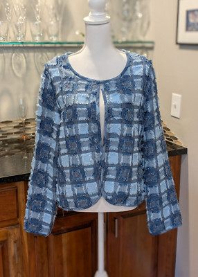 Unique Vintage Life Style Blue Fuzzy Frayed Textured Plaid Jacket Size Large