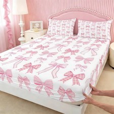 Cute Bowknot Fitted Full Size, Pink Bows Bedding Set 3pcs for Girls Princess ...