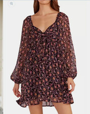 MINKPINK  Black Purple Orange Floral Smocked V-Neck Fall Mini Dress. Size Small