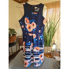 RARE EDITIONS- Girls Navy Floral Print Mesh Yoke Fit Flare Dress - Size 12