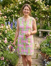 Talbots Sz 8 Pink Green Geometric Scalloped Hem Shift Dress 100% Cotton Vintage