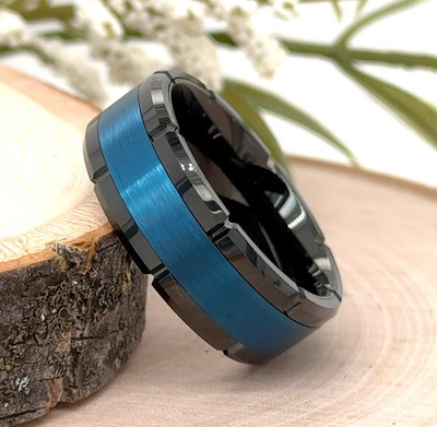8MM Black Polished Tungsten Ring Blue Brushed Finish Christmas Gift Band For Men