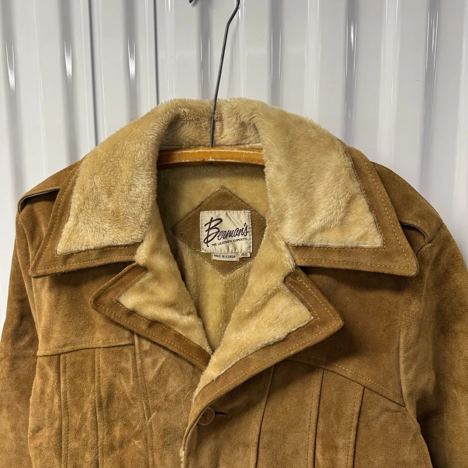 Vintage Berman’s Suede Leather Faux Fur Sherpa Lined Jacket Bomber Men's Sz 40 - Image 2 of 4