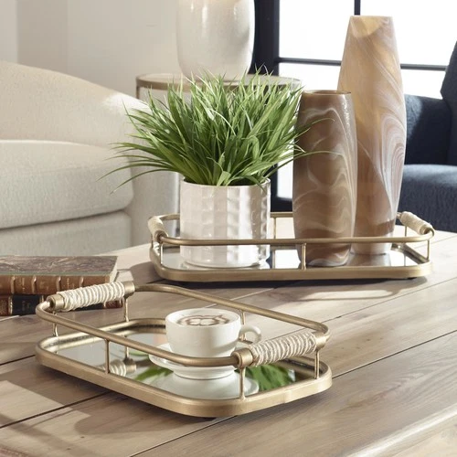 Uttermost 18014 Rosea 19-1/2"W Metal Trays - Set of 2 - Brushed Gold / Natural - Picture 3 of 4