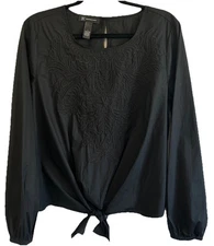 I.N.C. Tie-Front  Embroidered Cotton Blouse Top Black Size Large Retail $69.50