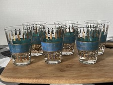 George Briard Glassware MCM Deco Gold Feathers Peacock Blue Old Fashioned One